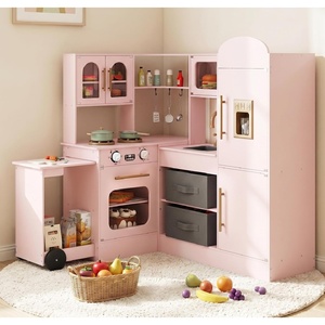 image:imageINFANS Corner Kids Kitchen Wooden Pretend Playset with Telescopic Cart Realistic Lights Sounds Ice Maker Fabric Drawers Microwave Oven Toddler Cooking Toy Gift for Boys Girls Aged 3 WhiteCart Pink