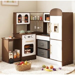 image:imageINFANS Corner Kids Kitchen Wooden Pretend Playset with Telescopic Cart Realistic Lights Sounds Ice Maker Fabric Drawers Microwave Oven Toddler Cooking Toy Gift for Boys Girls Aged 3 WhiteCart Brown
