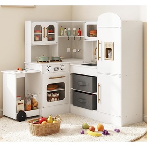 image:imageINFANS Corner Kids Kitchen Wooden Pretend Playset with Telescopic Cart Realistic Lights Sounds Ice Maker Fabric Drawers Microwave Oven Toddler Cooking Toy Gift for Boys Girls Aged 3 WhiteCart White