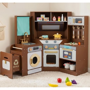 image:imageINFANS Corner Kids Kitchen Wooden Pretend Playset with Telescopic Cart Realistic Lights Sounds Ice Maker Fabric Drawers Microwave Oven Toddler Cooking Toy Gift for Boys Girls Aged 3 WhiteTrash Can Brown