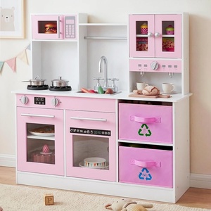 image:imageINFANS Kids Kitchen Play Set Wooden Pretend Play Kitchen with Realistic Lights Sounds Coffee Maker Dishwasher Microwave Oven Foldable Fabric Drawers Toddler Cooking Toys for Boys GirlsPink