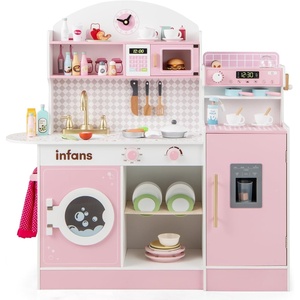 image:imageINFANS Kids Kitchen Playset Toddler Wooden Kitchen Pretend Cooking Toy Set with Coffee Maker Ice Machine Dishwasher Microwave Storage Cabinet Simulation Play Kitchen for Boys Girls 3Pink