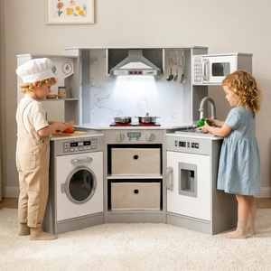 image:imageINFANS Kids Kitchen Playset with Real Running Water Ultimate Wooden Corner Pretend Cooking Set with Simulation Light Sound Stove Storage Cabinet Play Toy GiftGrey with Real Water