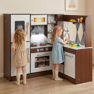 image:imageINFANS Kids Kitchen Playset with Real Running Water Ultimate Wooden Corner Pretend Cooking Set with Simulation Light Sound Stove Storage Cabinet Play Toy GiftBrown with Real Water