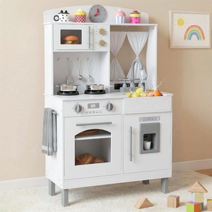 image:imageINFANS Kids Kitchen Wooden Pretend Playset with Adjustable Heights Realistic Sounds Ice Maker Microwave Oven Toddler Cooking Toy Gift for Boys Girls Aged 3White