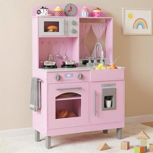 image:imageINFANS Kids Kitchen Wooden Pretend Playset with Adjustable Heights Realistic Sounds Ice Maker Microwave Oven Toddler Cooking Toy Gift for Boys Girls Aged 3Pink