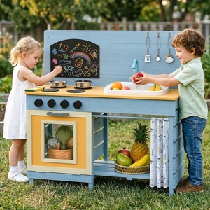 image:imageINFANS Mud Kitchen Wood Pretend Play Kitchen with Running Water Removable Sand Sink Cover Cloth Faucet Chalkboard Stoves Toddle