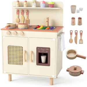 image:imageINFANS Play Kitchen for Kids Wooden Pretend Playset with Rattan Door Realistic Sounds Towel Rack Toddler Cooking Toy Gift for Boys Girls Aged 3White