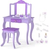 image:imageINFANS Kids Vanity 2 in 1 Wooden Princess Makeup Table and Stool Set with TriFolding Detachable Mirror 10 Accessories Toddler Pretend Beauty Dressing Play for Girls Aged 3Purple