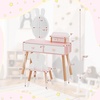 image:imageINFANS Kids Vanity Set 2 in 1 Wooden Princess Makeup Table and Chair with Mirror Storage Drawers Shelf for Little Girls Rabbit Themed Toddler Dressing Desk Beauty Play Set GiftWhite