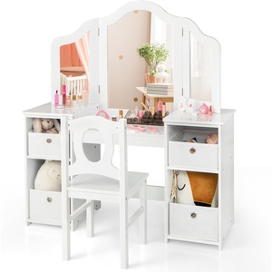 image:imageINFANS Kids Vanity 2 in 1 Princess Makeup Desk amp Chair Set with TriFolding Detachable Mirror Large Storage Shelves Wooden Pretend Play Dressing Table for Girls Cream WhiteCream White