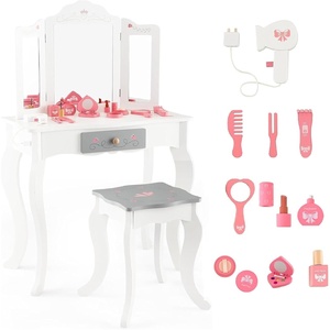 image:imageINFANS Kids Vanity 2 in 1 Wooden Princess Makeup Table and Stool Set with TriFolding Detachable Mirror 10 Accessories Toddler Pretend Beauty Dressing Play for Girls Aged 3White