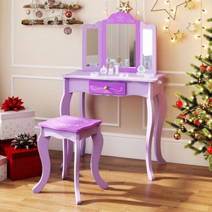 image:imageINFANS Kids Vanity 2 in 1 Wooden Princess Makeup Table and Stool Set with TriFolding Detachable Mirror 10 Accessories Toddler Pretend Beauty Dressing Play for Girls Aged 3Purple