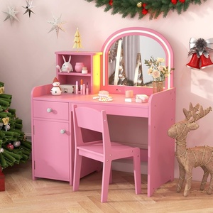 image:imageINFANS Kids Vanity with Lights Princess Makeup Desk with Mirror Jewelry Hanger Fabric Drawers Toddler Table and Chair Set Pretend Play for GirlsPink with Cabinet
