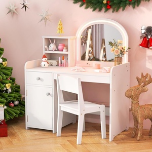 image:imageINFANS Kids Vanity with Lights Princess Makeup Desk with Mirror Jewelry Hanger Fabric Drawers Toddler Table and Chair Set Pretend Play for GirlsWhite with Cabinet