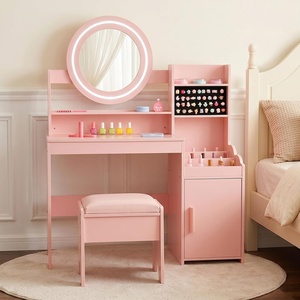image:imageINFANS Kids Vanity with Lights Princess Makeup Desk with Mirror Storage Shelves Toddler Table and Chair Set Pretend Play for Girls Aged 49Pink