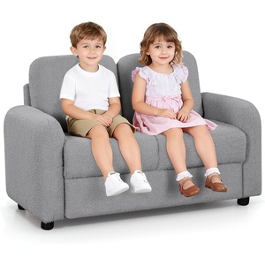image:imageINFANS Kids Sofa 2 Seat Soft Thick Upholstered Couch with Plush Fabric Solid Wooden Frame Armrest Chair Lounge for Playroom Kids Boys GirlsGrey