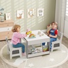 image:imageINFANS Kids Table and Chair Set 4 in 1 Building Block Wooden Activity Desk with Reversible Tabletop Storage Drawers Bookshelves for Toddlers Art Craft Learning Reading Drawing Playroom NaturalGrey