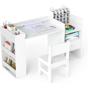 image:imageINFANS Kids Study Desk and Chair Set Wooden Learning Table with Storage Hutch Drawer Paper Roll Round MDF Student Furniture for Writing Drawing Ages 3White