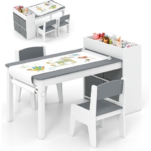 image:imageINFANS Kids Study Desk and Chair Set Wooden Learning Table with Storage Hutch Drawer Paper Roll Round MDF Student Furniture for Writing Drawing Ages 3Grey