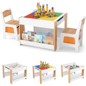 image:imageINFANS Kids Table and Chair Set 4 in 1 Building Block Wooden Activity Desk with Reversible Tabletop Storage Drawers Bookshelves for Toddlers Art Craft Learning Reading Drawing Playroom NaturalNatural