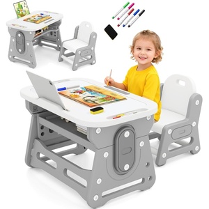 image:imageINFANS Kids Table and Chair Set Activity Table with Magnetic Drawing Board 4 Gears Adjustable Height Bookshelf Watercolor Pens Toddler Plastic Furniture Table for Playing Reading EatingClassical Grey
