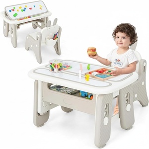 image:imageINFANS Kids Table and Chair Set Activity Table with Magnetic Drawing Board 4 Gears Adjustable Height Bookshelf Watercolor Pens Toddler Plastic Furniture Table for Playing Reading EatingRabbit Grey