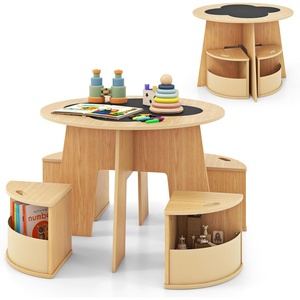 image:imageINFANS Toddler Table and Chair Set Wooden Table and 4 Chairs with Nesting Design Storage Drawers Children MultiActivity Table for Art Crafts Draw Read for Boys Girls Aged 3Natural
