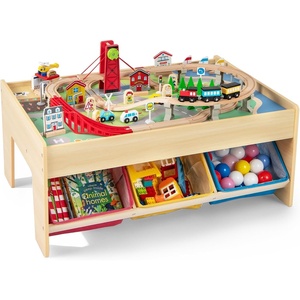 image:imageINFANS Train Table with Storage 94 Pieces Wooden Kids Activity Toy Table Playset with 3 Foldable Boxes Reversible Detachable Tabletop Tracks Train Railway Gift for Toddler Boys Girls Ages 3with Cloth Drawers