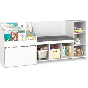 image:imageINFANS Kids Bookshelf Toy Storage Organizer with Reading Nook Seat Cushion Drawer on Wheels and 6 Storage Cubbies 3Tier Bookcase with Bench for Nursery Bedroom Playroom
