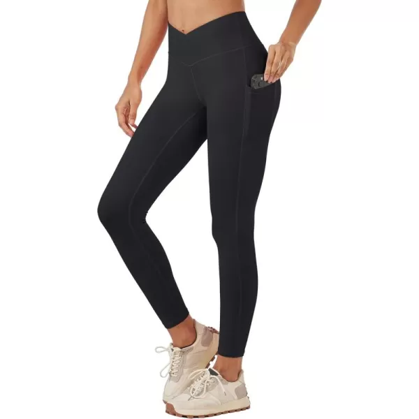 MAGCOMSEN Women's V Cross Waist Leggings with Pockets 27" Brushed Lined Tummy Control Gym Workout Leggings Yoga Pants