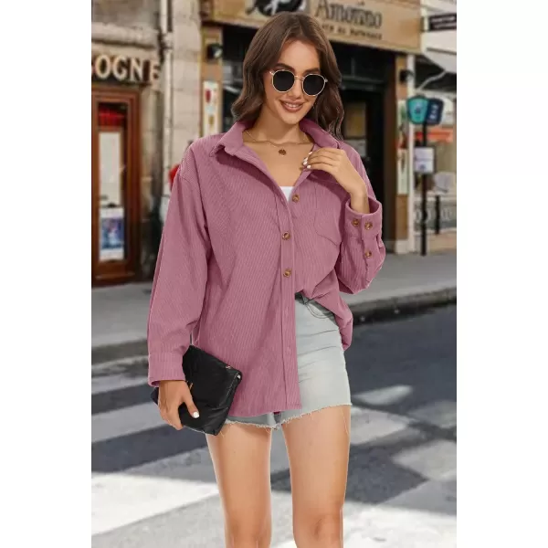 MAGCOMSEN Womens Corduroy Shacket Long Sleeve Button Down Shirt Spring Casual Jacket Bust Pocket Loose Fit Blouse Tops