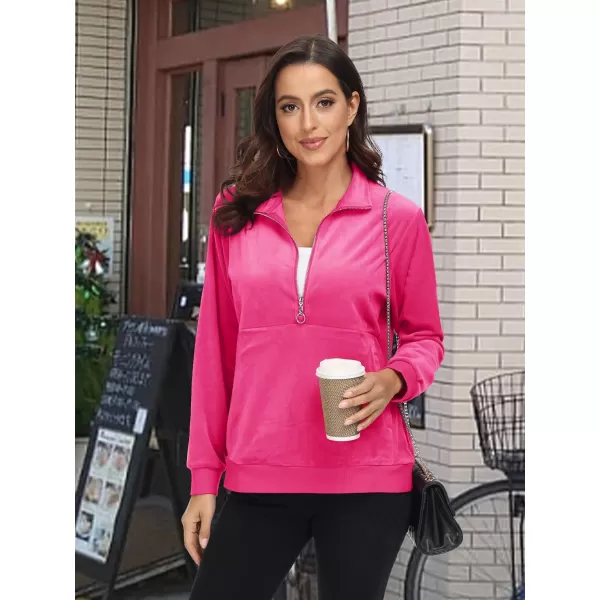 MAGCOMSEN Womens Half Zip Pullover Velour Stand Collar Casual Sweater Long Sleeve Solid Sweatshirts with Pockets