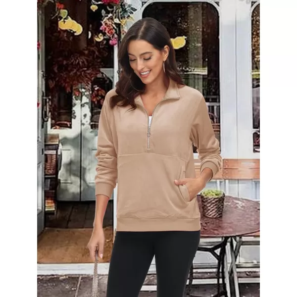 MAGCOMSEN Womens Half Zip Pullover Velour Stand Collar Casual Sweater Long Sleeve Solid Sweatshirts with Pockets