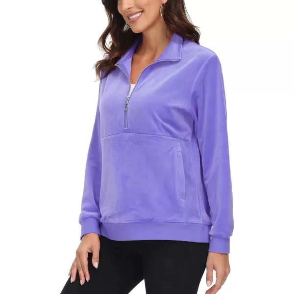 MAGCOMSEN Womens Half Zip Pullover Velour Stand Collar Casual Sweater Long Sleeve Solid Sweatshirts with Pockets