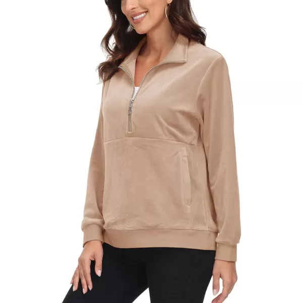 MAGCOMSEN Womens Half Zip Pullover Velour Stand Collar Casual Sweater Long Sleeve Solid Sweatshirts with Pockets