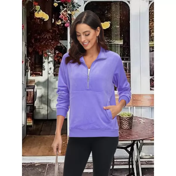 MAGCOMSEN Womens Half Zip Pullover Velour Stand Collar Casual Sweater Long Sleeve Solid Sweatshirts with Pockets