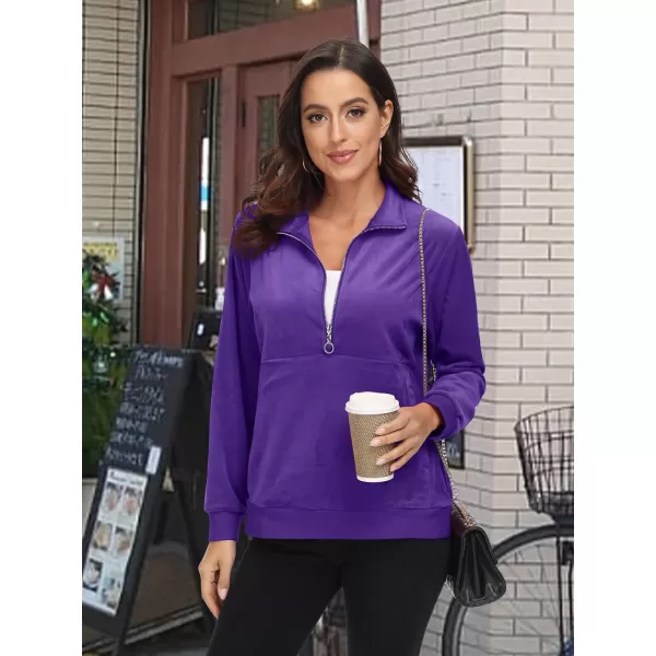 MAGCOMSEN Womens Half Zip Pullover Velour Stand Collar Casual Sweater Long Sleeve Solid Sweatshirts with Pockets