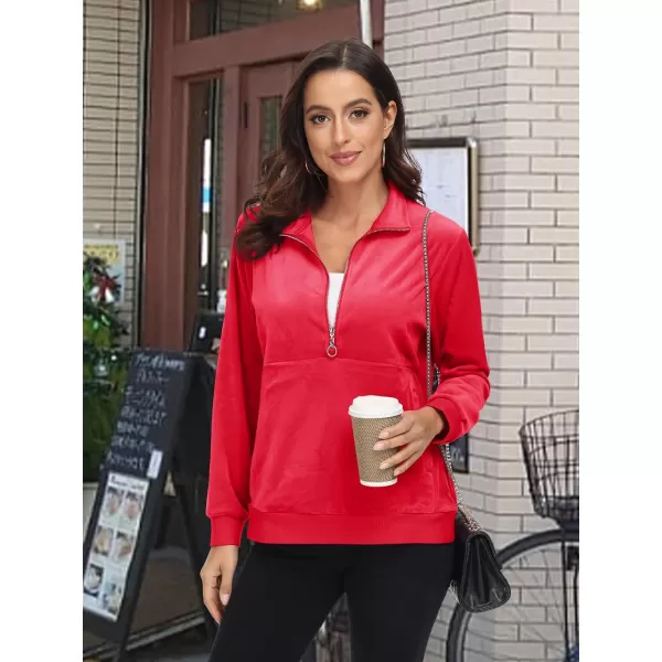 MAGCOMSEN Womens Half Zip Pullover Velour Stand Collar Casual Sweater Long Sleeve Solid Sweatshirts with Pockets