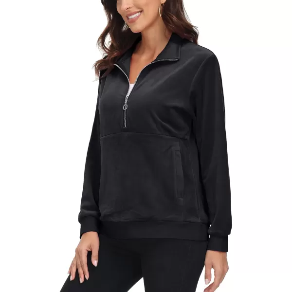 MAGCOMSEN Womens Half Zip Pullover Velour Stand Collar Casual Sweater Long Sleeve Solid Sweatshirts with Pockets