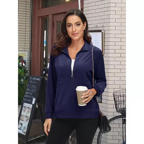 MAGCOMSEN Womens Half Zip Pullover Velour Stand Collar Casual Sweater Long Sleeve Solid Sweatshirts with Pockets