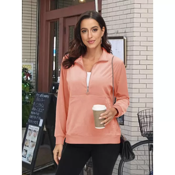 MAGCOMSEN Womens Half Zip Pullover Velour Stand Collar Casual Sweater Long Sleeve Solid Sweatshirts with Pockets
