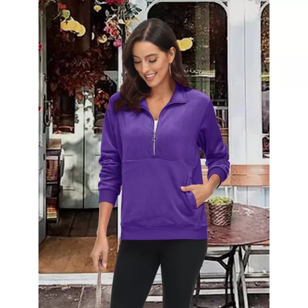 MAGCOMSEN Womens Half Zip Pullover Velour Stand Collar Casual Sweater Long Sleeve Solid Sweatshirts with Pockets
