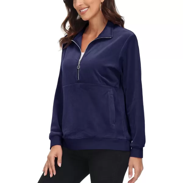 MAGCOMSEN Womens Half Zip Pullover Velour Stand Collar Casual Sweater Long Sleeve Solid Sweatshirts with Pockets