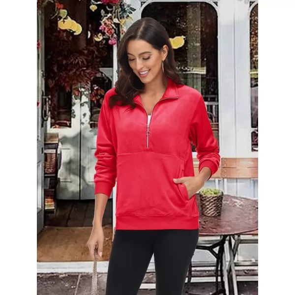 MAGCOMSEN Womens Half Zip Pullover Velour Stand Collar Casual Sweater Long Sleeve Solid Sweatshirts with Pockets