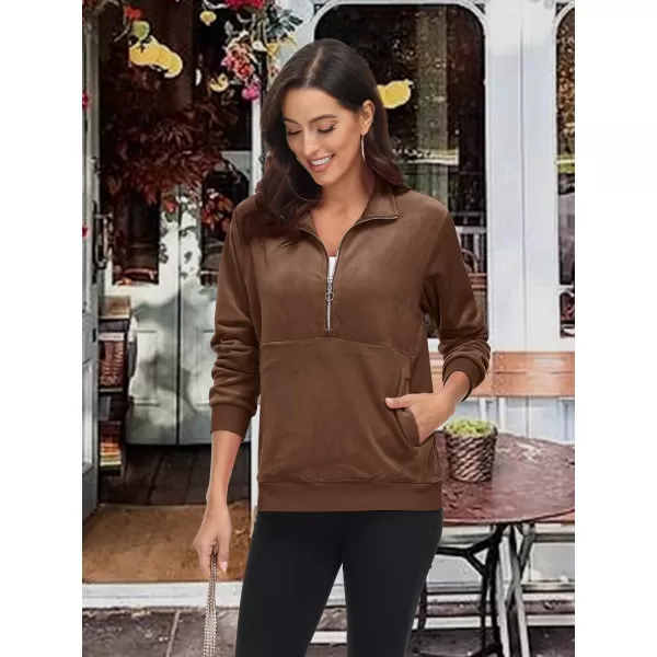 MAGCOMSEN Womens Half Zip Pullover Velour Stand Collar Casual Sweater Long Sleeve Solid Sweatshirts with Pockets