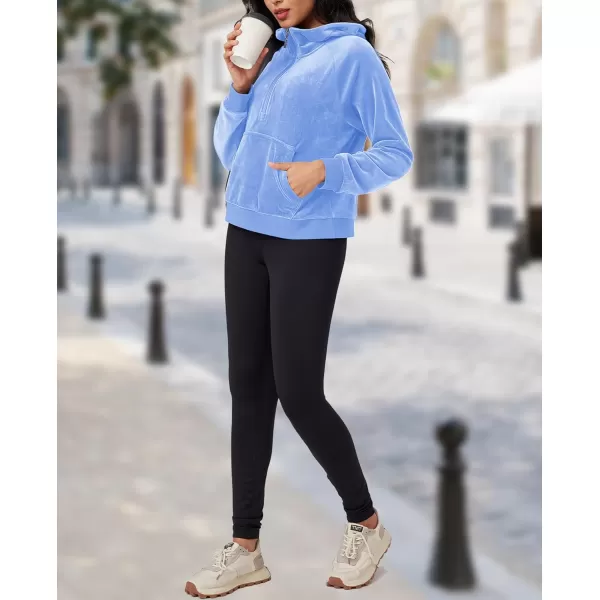 MAGCOMSEN Womens Hoodies Half-Zip Cropped Velour Sweatshirts Long Sleeve Fleece Pullover with Pocket Casual Outfits