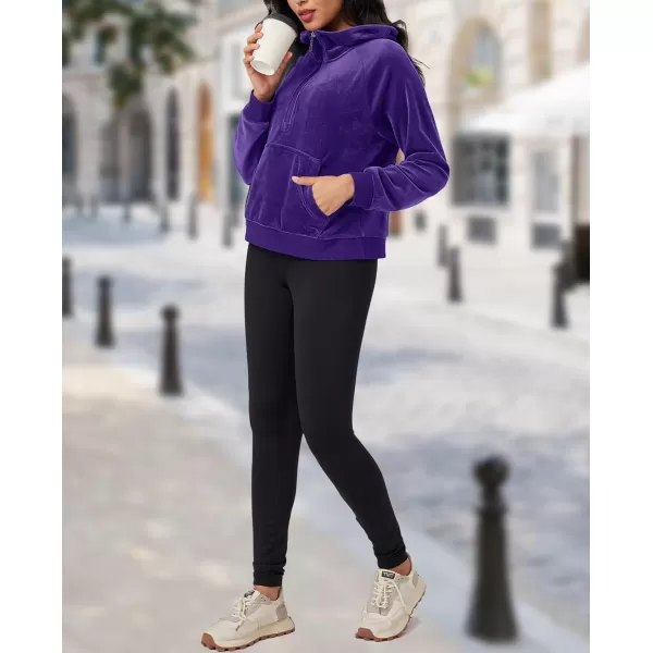 MAGCOMSEN Womens Hoodies Half-Zip Cropped Velour Sweatshirts Long Sleeve Fleece Pullover with Pocket Casual Outfits