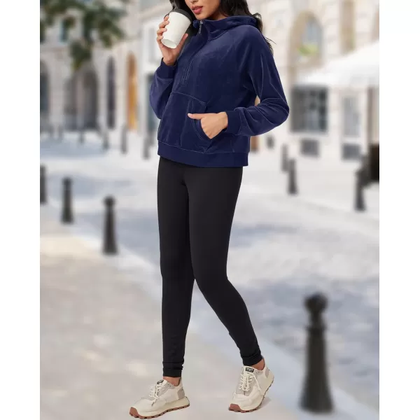 MAGCOMSEN Womens Hoodies Half-Zip Cropped Velour Sweatshirts Long Sleeve Fleece Pullover with Pocket Casual Outfits