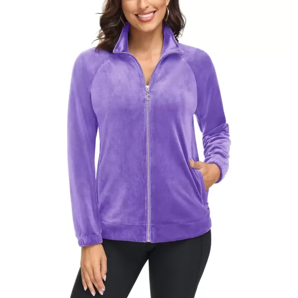 MAGCOMSEN Women's Velour Jackets Full Zip-up Velvet Top 2 Zipper Pockets Lightweight Soft Casual Sweatshirt Jacket